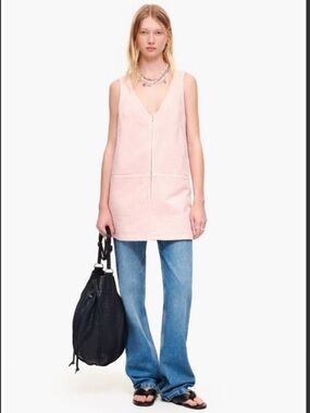 BIMBA Y LOLA Light Pink Denim Mini Dress Sleeveless V-Neck Zip Front Sz M